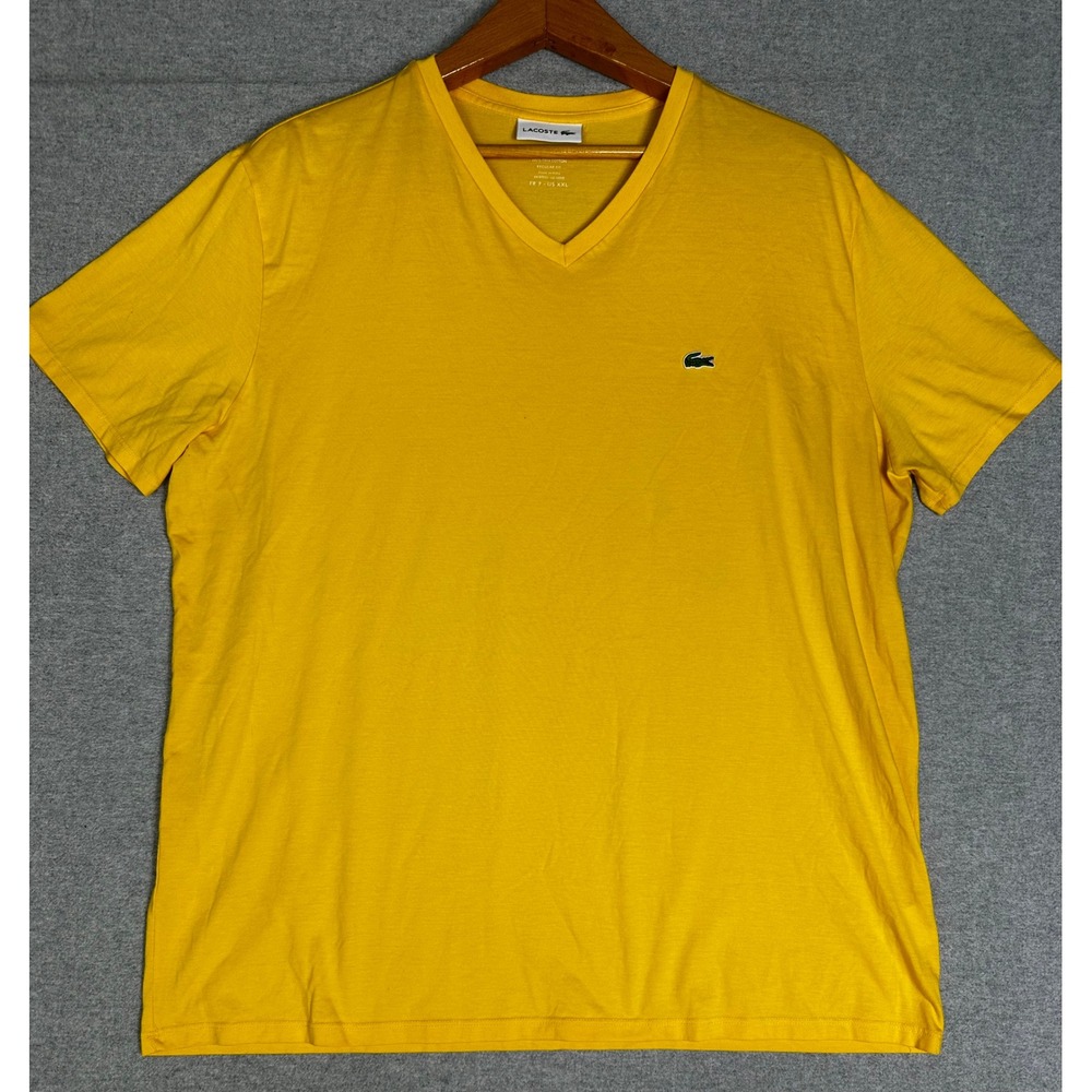Lacoste V-Neck T-Shirt Mens XXL Yellow Pima Cotton Regular Fit Logo